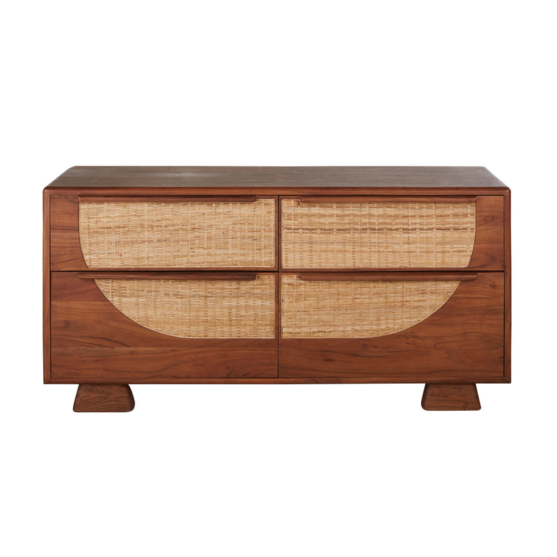Commode Japandi double 4 tiroirs coloris noisette et rotin tressé – Alya