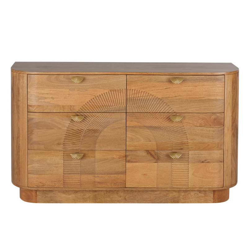 Commode Japandi double 6 tiroirs en bois de manguier et métal coloris laiton – Aureus