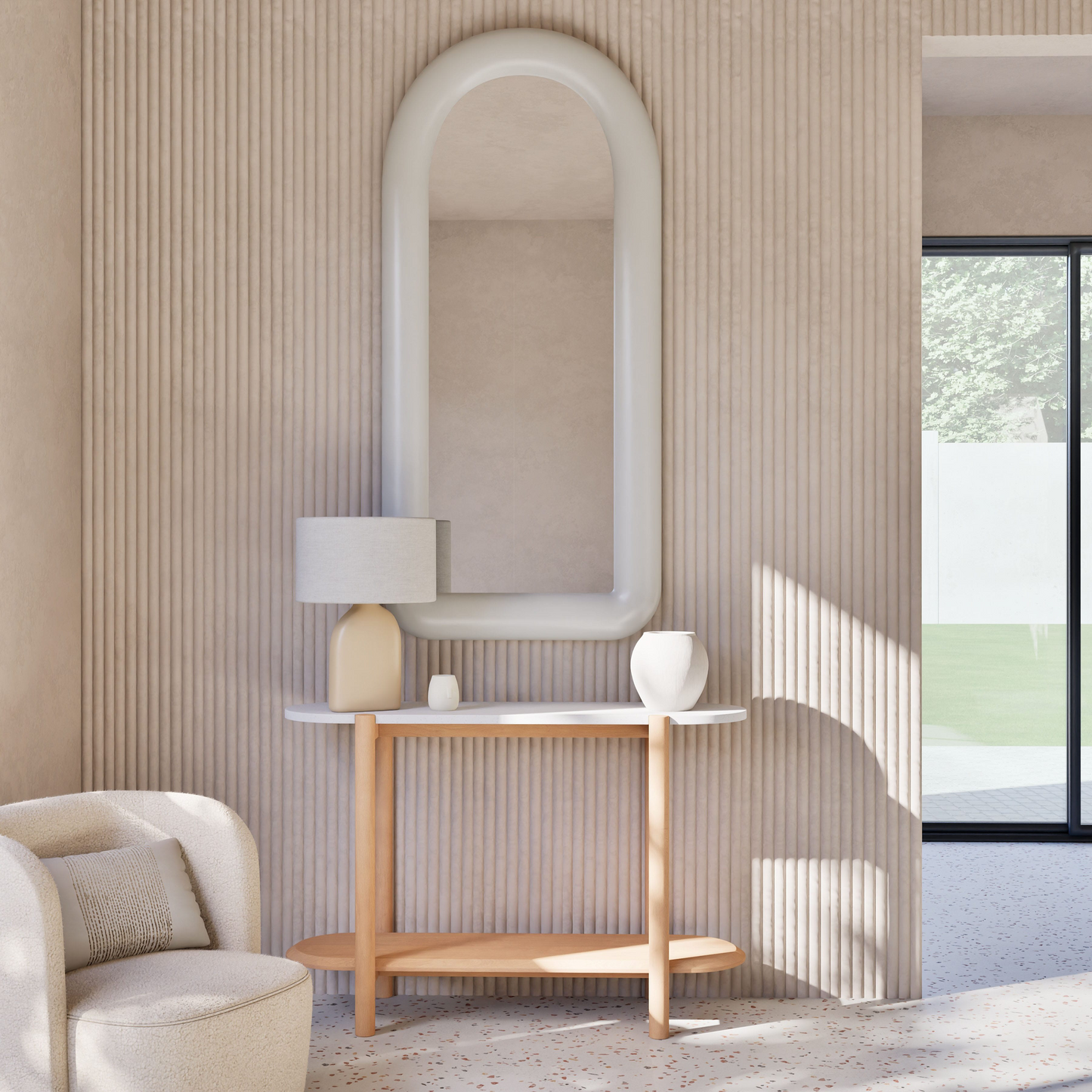 Console Japandi avec plateau en terrazzo blanc – Polari