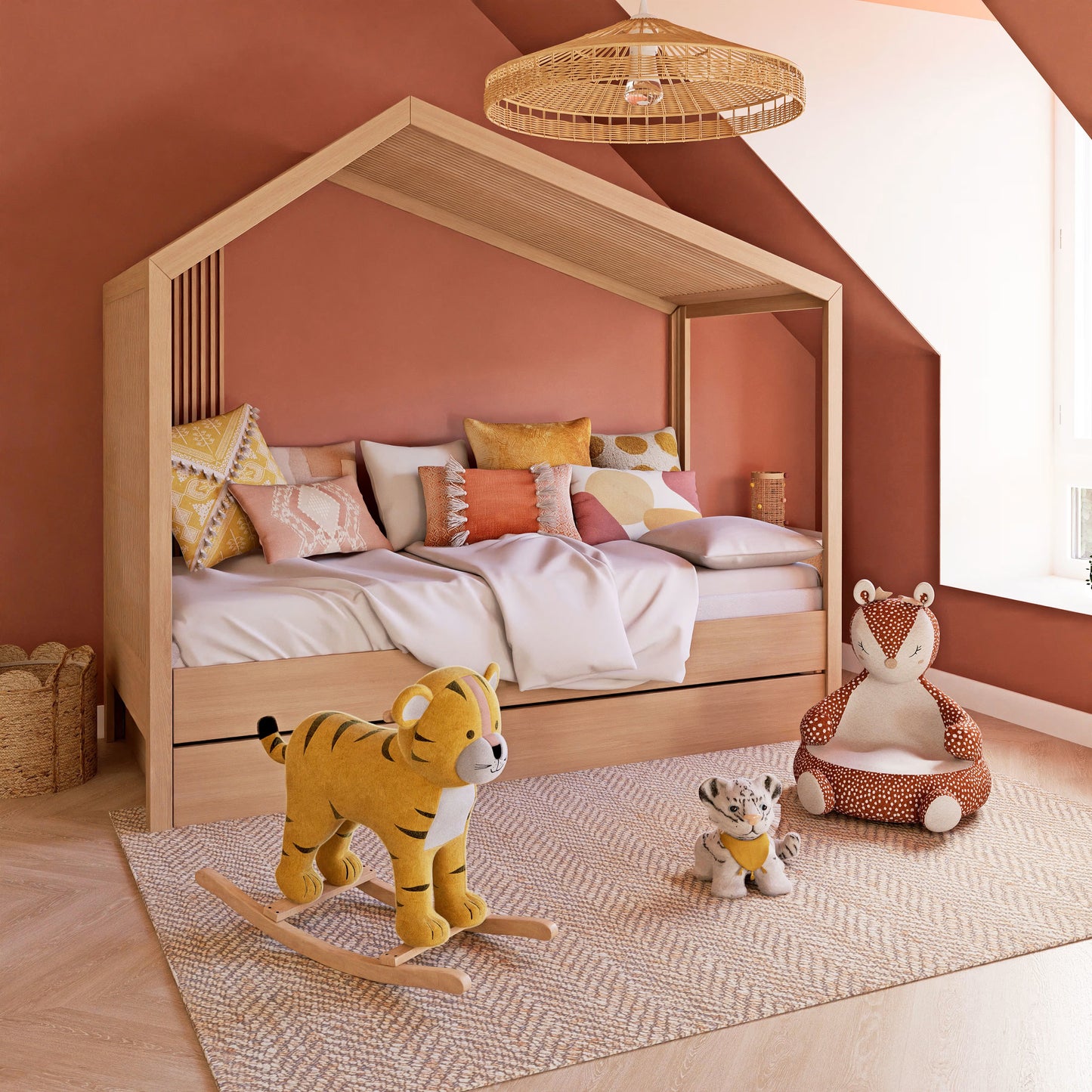 Coussin Japandi brodé écru, jaune et terracotta – ASILAH