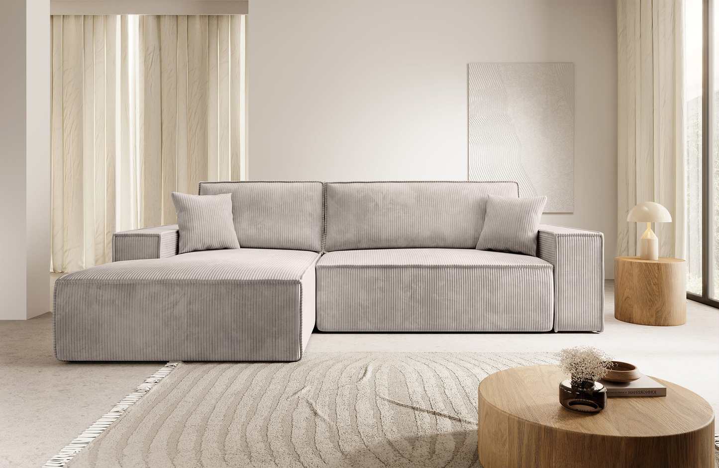Canapé d'angle convertible Japandi 3 places en velours côtelé beige – FARESE