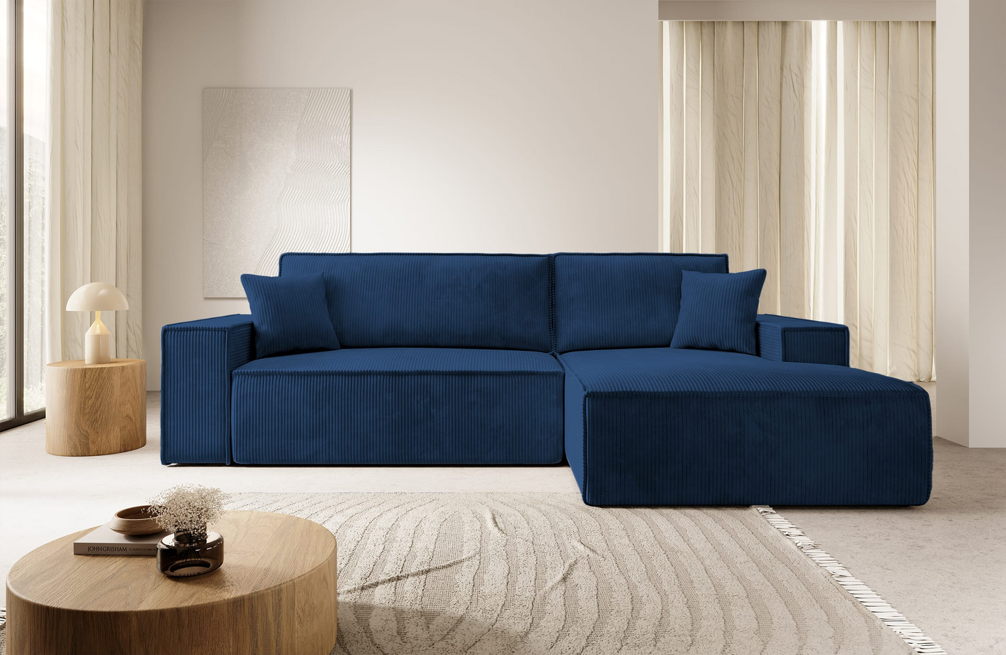 Canapé d'angle convertible Japandi 3 places en velours côtelé beige – FARESE