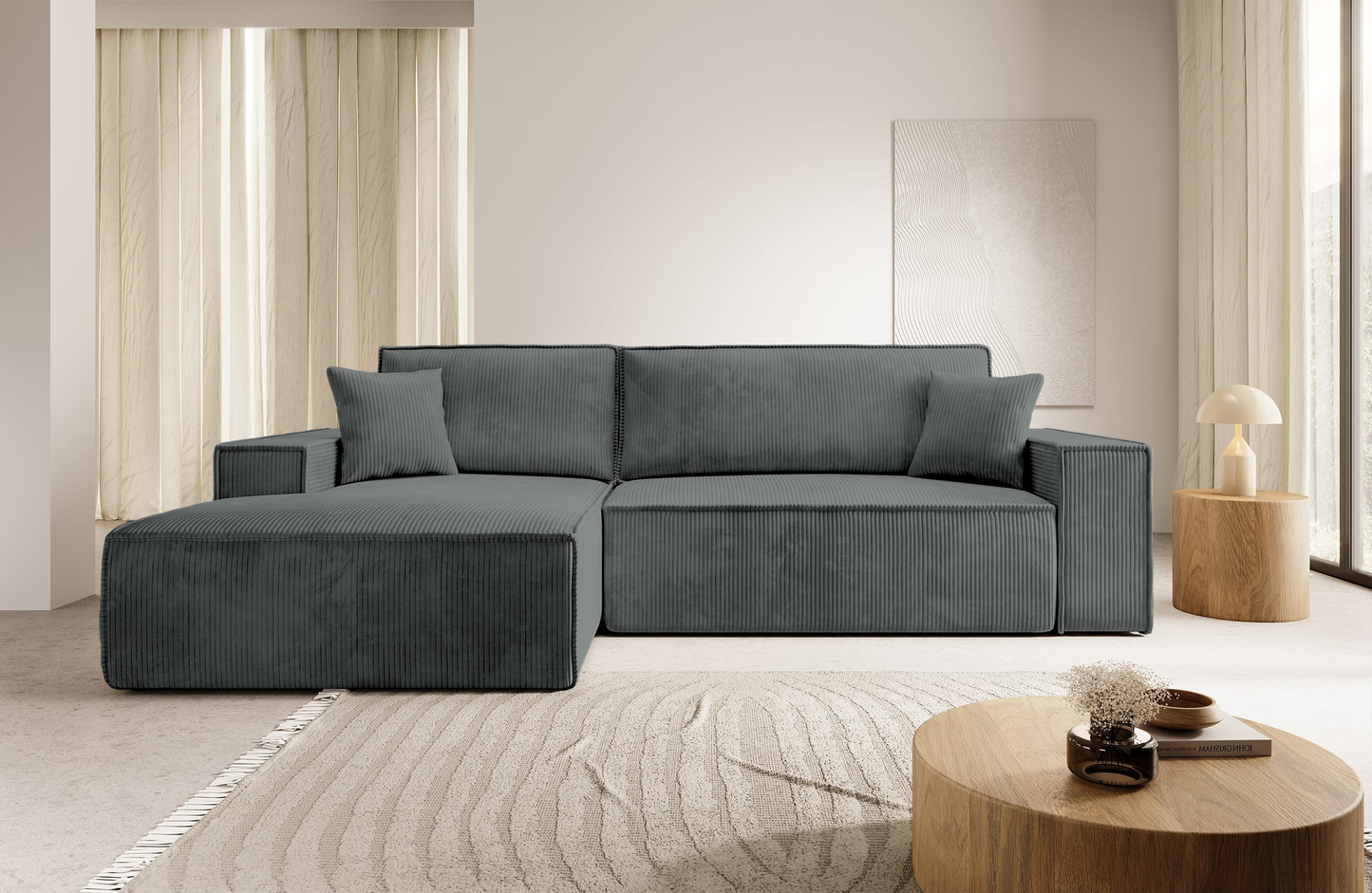 Canapé d'angle convertible Japandi 3 places en velours côtelé beige – FARESE