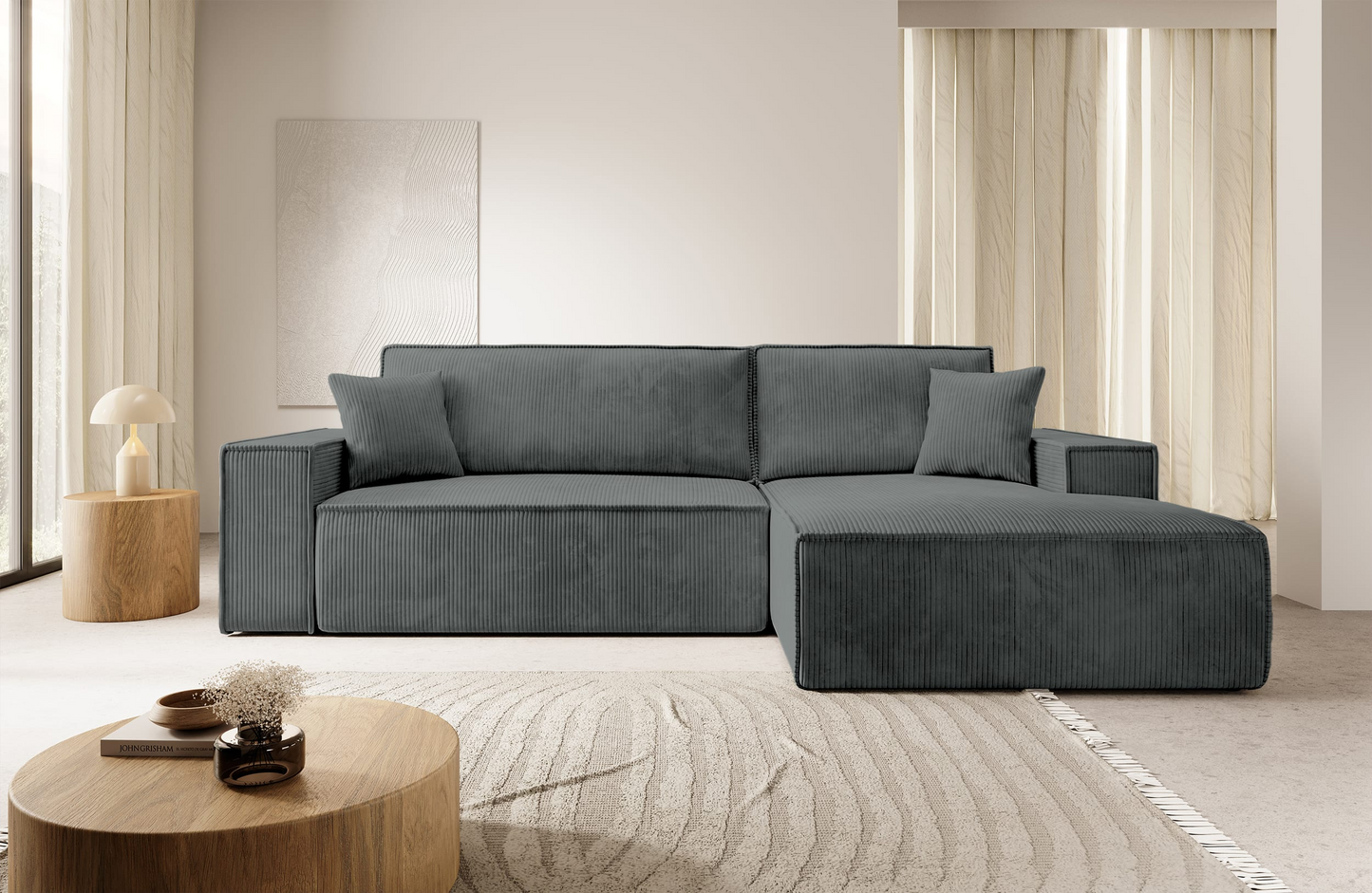 Canapé d'angle convertible Japandi 3 places en velours côtelé beige – FARESE