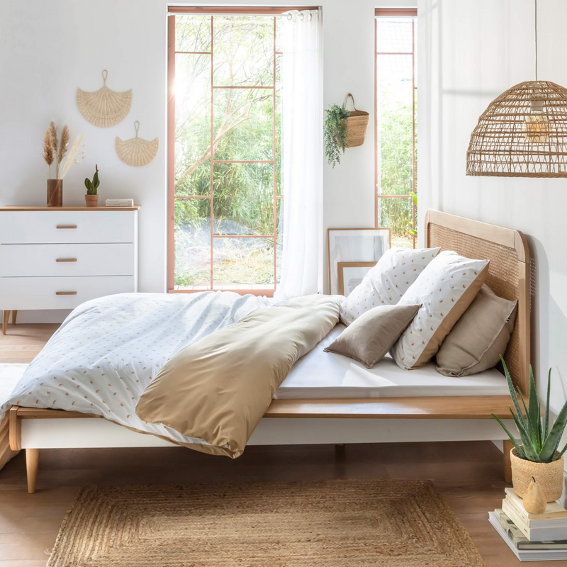 Ensemble Lit Japandi 160x200cm Bois Naturel et Cannage – Nom du Produit
