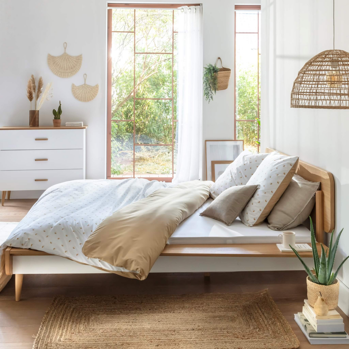 Ensemble Lit et Tête de Lit Japandi en Bois Naturel – Nom du Produit