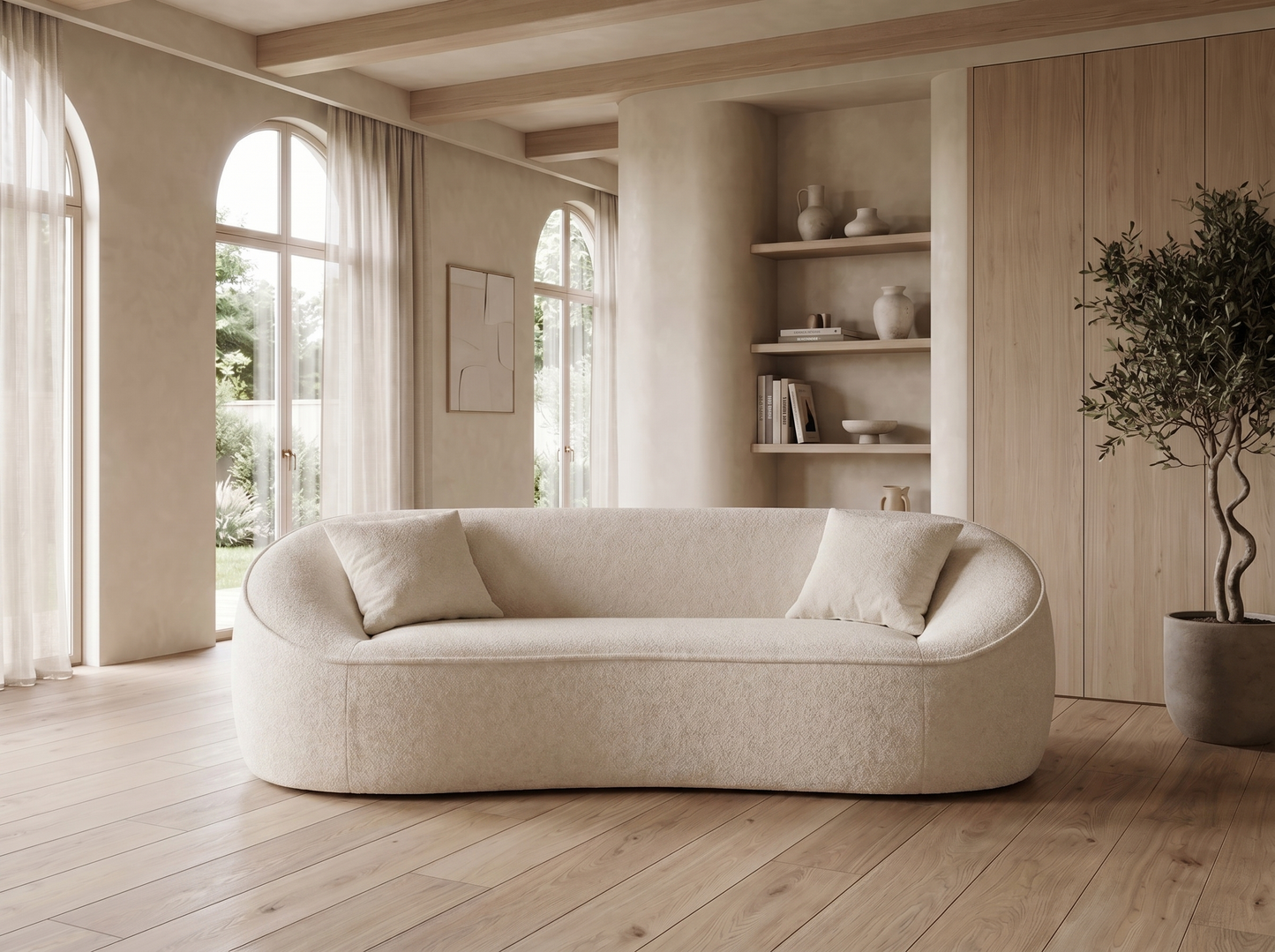 Canapé Japandi Design Organique Bouclette Blanche 3 Places - Ostuni
