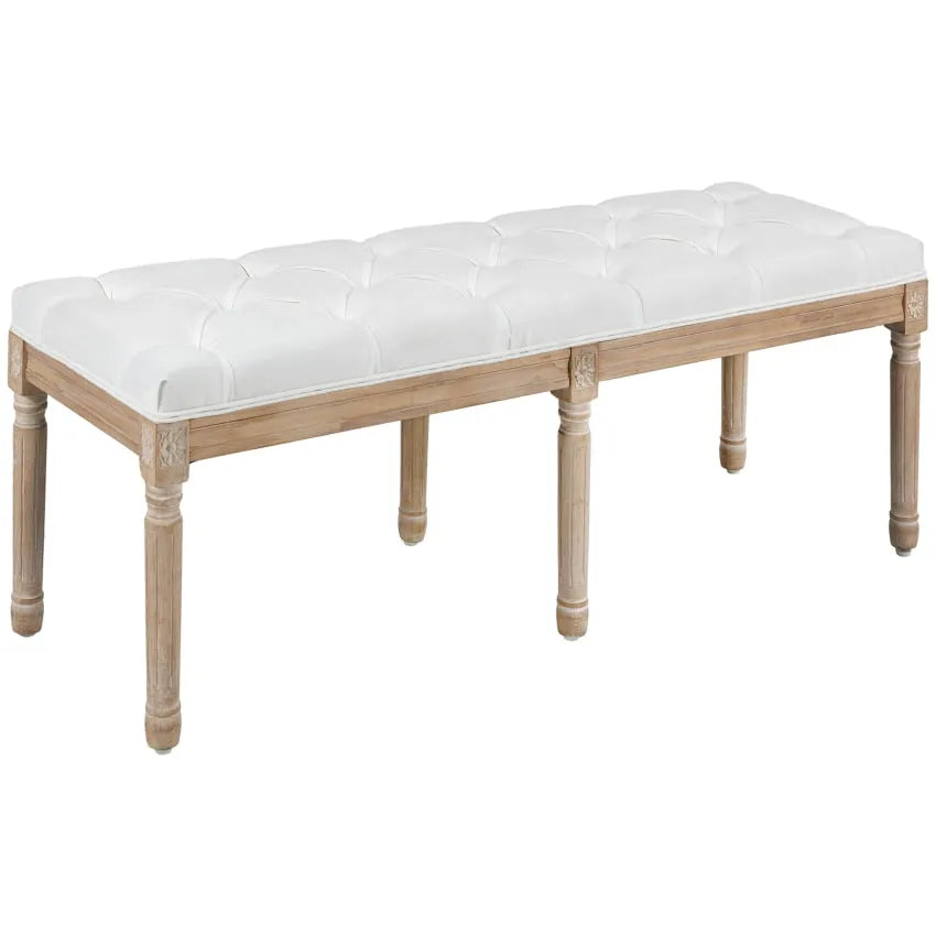 Tabouret Japandi Capitonné Bois Sculpté & Tissu Crème – Homcom