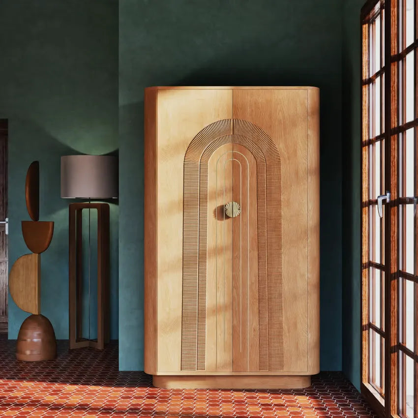 Armoire Japandi 2 Portes Mangue & Métal Doré – Aureus