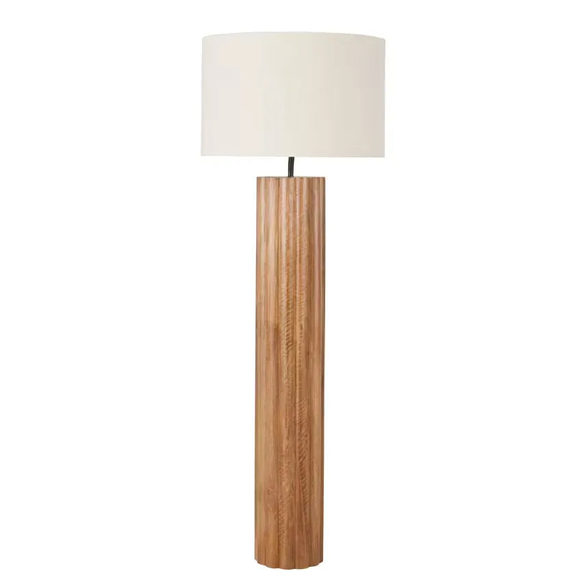Lampadaire Japandi Manguier Sculpté Bois & Abat-jour Coton/Lin H151 – Albertine