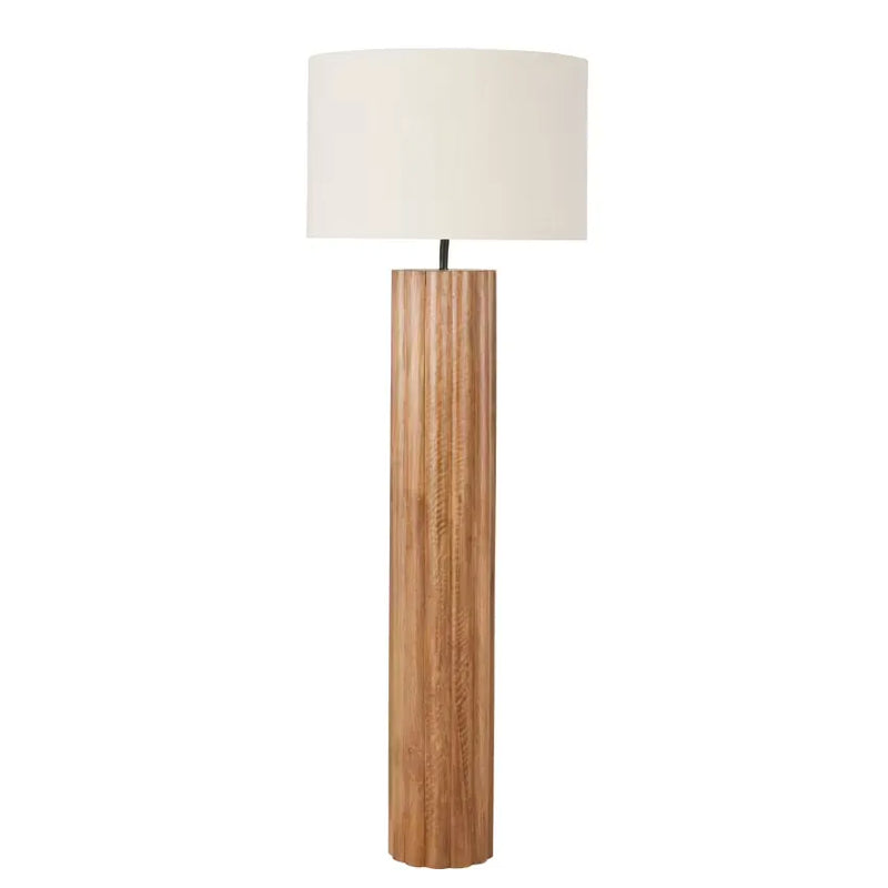 Lampadaire Japandi Manguier Sculpté Bois & Abat-jour Coton/Lin H151 – Albertine