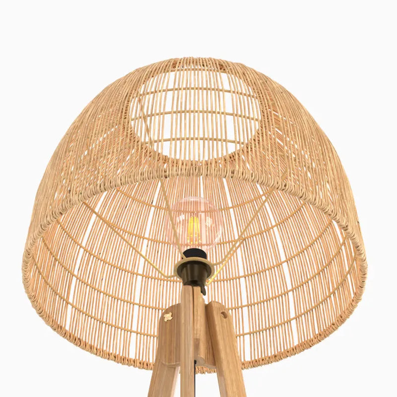 Lampadaire Japandi Trépied Rotin & Teck Massif – Corte