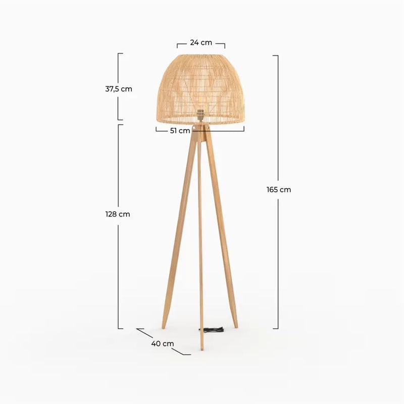 Lampadaire Japandi Trépied Rotin & Teck Massif – Corte