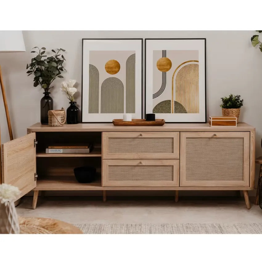 Meuble TV Japandi Cannage & Effet Bois 175 cm – Padang