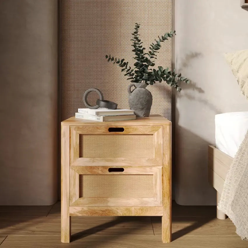 Table de chevet Japandi Manguier & Cannage 2 tiroirs – Félix