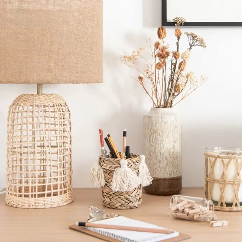Lampe Japandi Rotin Tressé & Lin Beige – Tanger