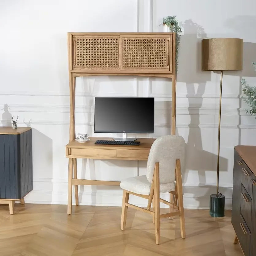 Bureau Japandi Étagère Chêne & Cannage 1 tiroir Clair – Kitty