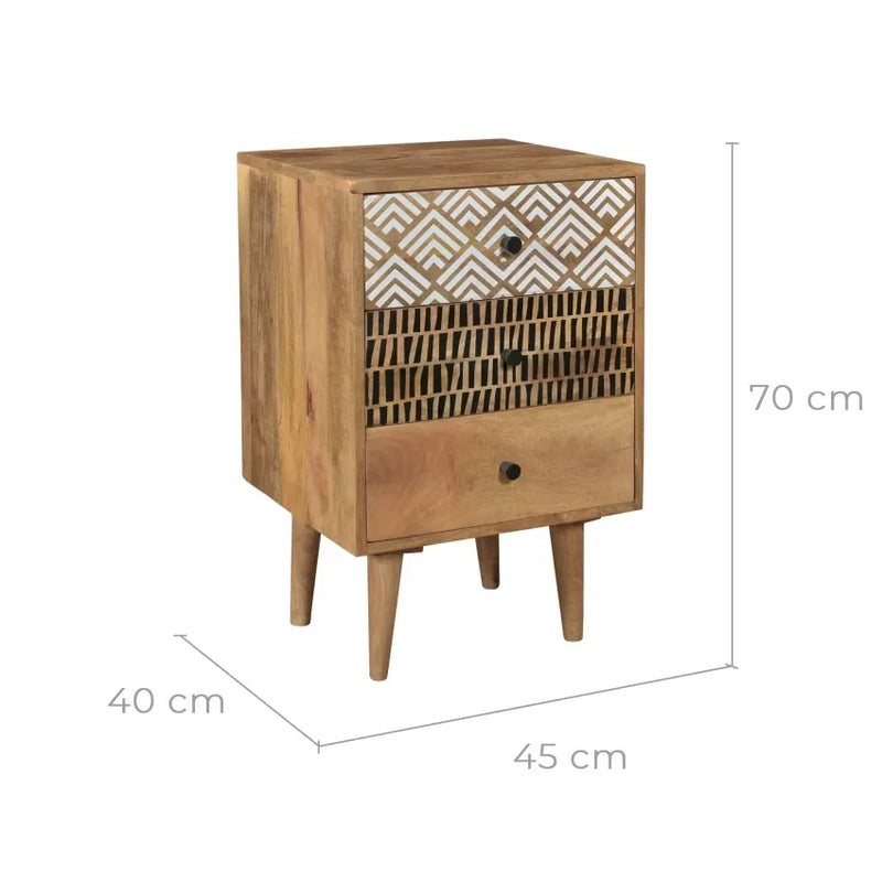 Table de chevet Japandi Bois 3 tiroirs Motif – Tali