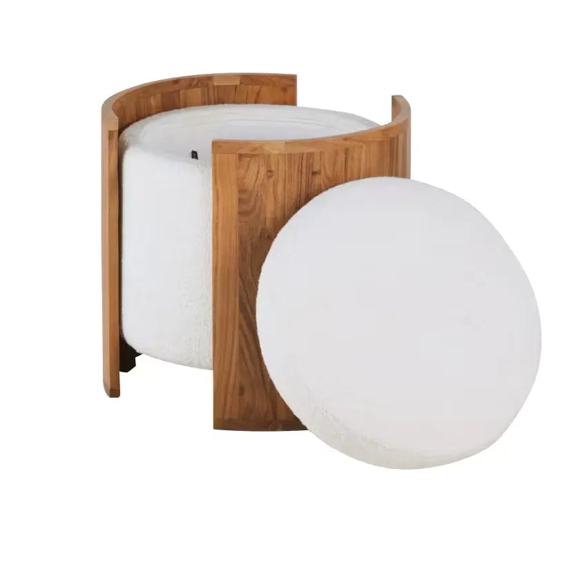 Pouf Japandi Coffre Bouclette Blanche & Acacia – Chandra