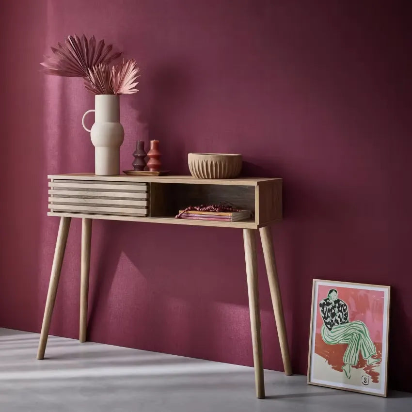 Console Japandi Effet Bois avec Porte Coulissante Rainurée – Madere