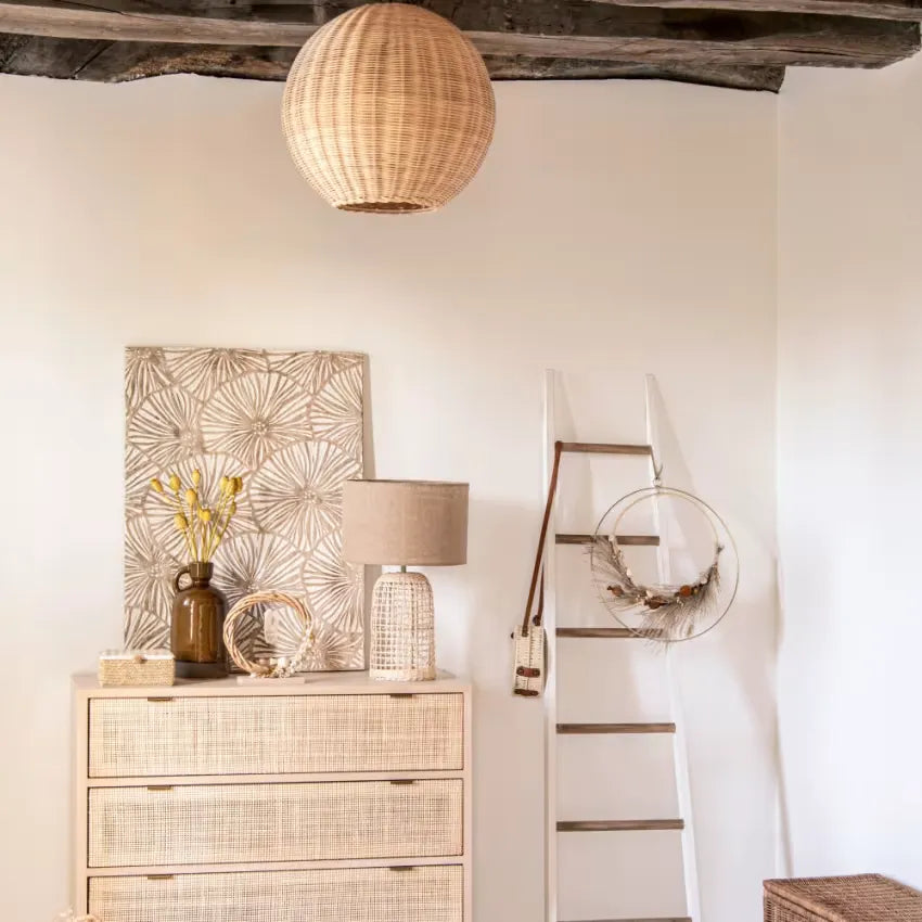 Lampe Japandi Rotin Tressé & Lin Beige – Tanger