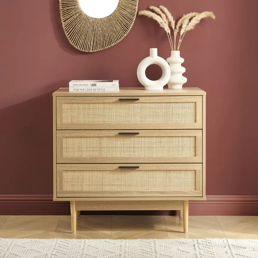 Commode Japandi Effet Chêne & Cannage Rotin 80 cm – Amana