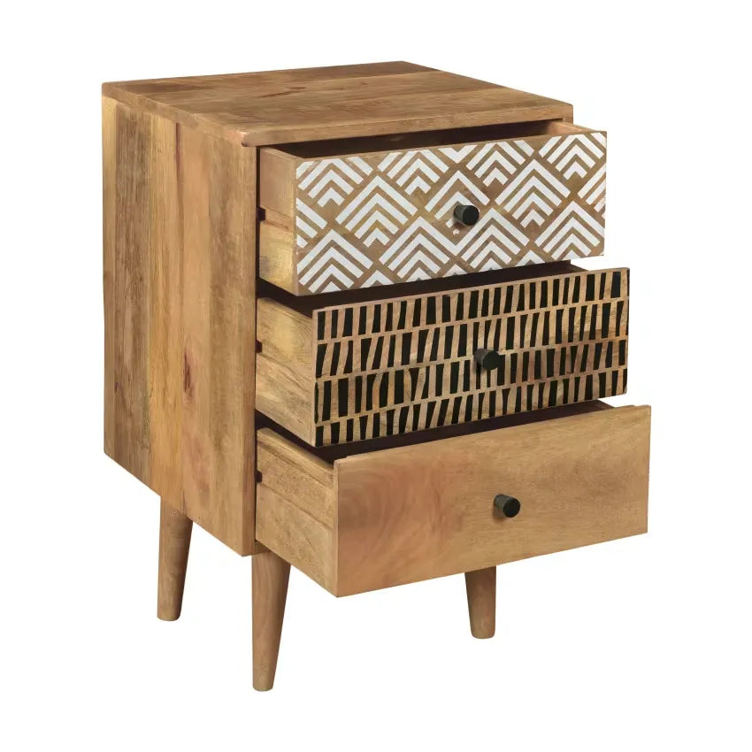 Table de chevet Japandi Bois 3 tiroirs Motif – Tali