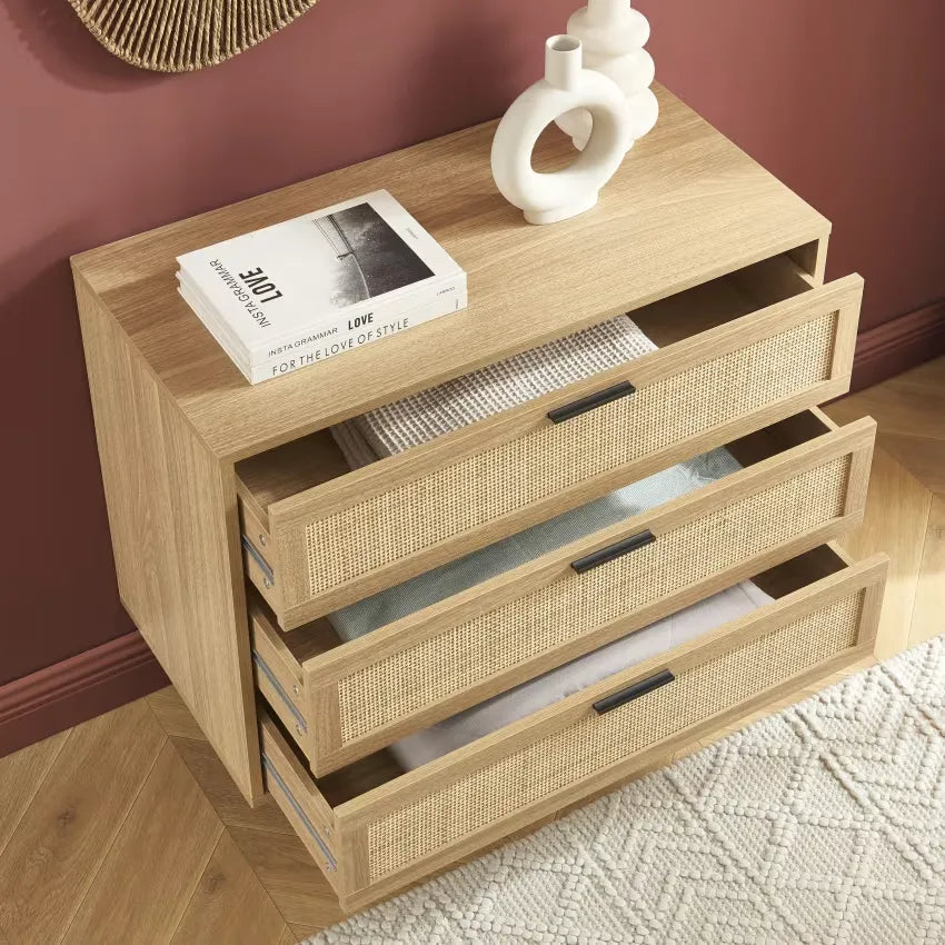 Commode Japandi Effet Chêne & Cannage Rotin 80 cm – Amana