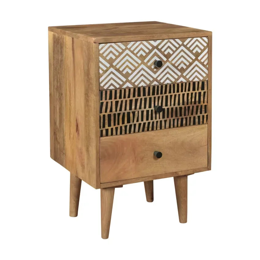 Table de chevet Japandi Bois 3 tiroirs Motif – Tali