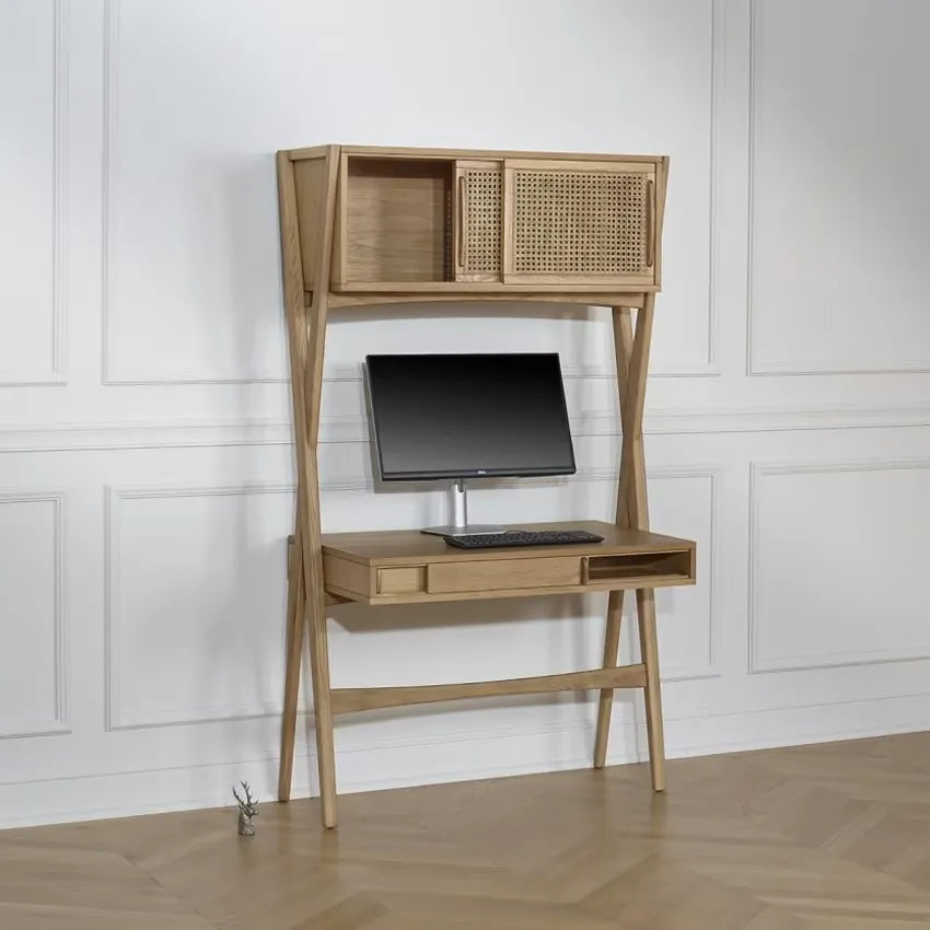 Bureau Japandi Étagère Chêne & Cannage 1 tiroir Clair – Kitty