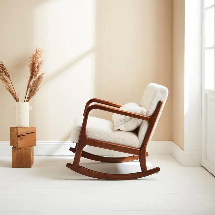 Fauteuil Japandi Rocking Chair Bouclette Blanche – Lorens