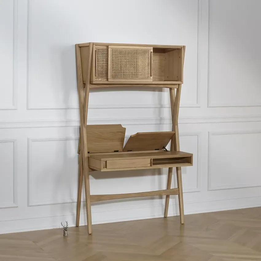 Bureau Japandi Étagère Chêne & Cannage 1 tiroir Clair – Kitty