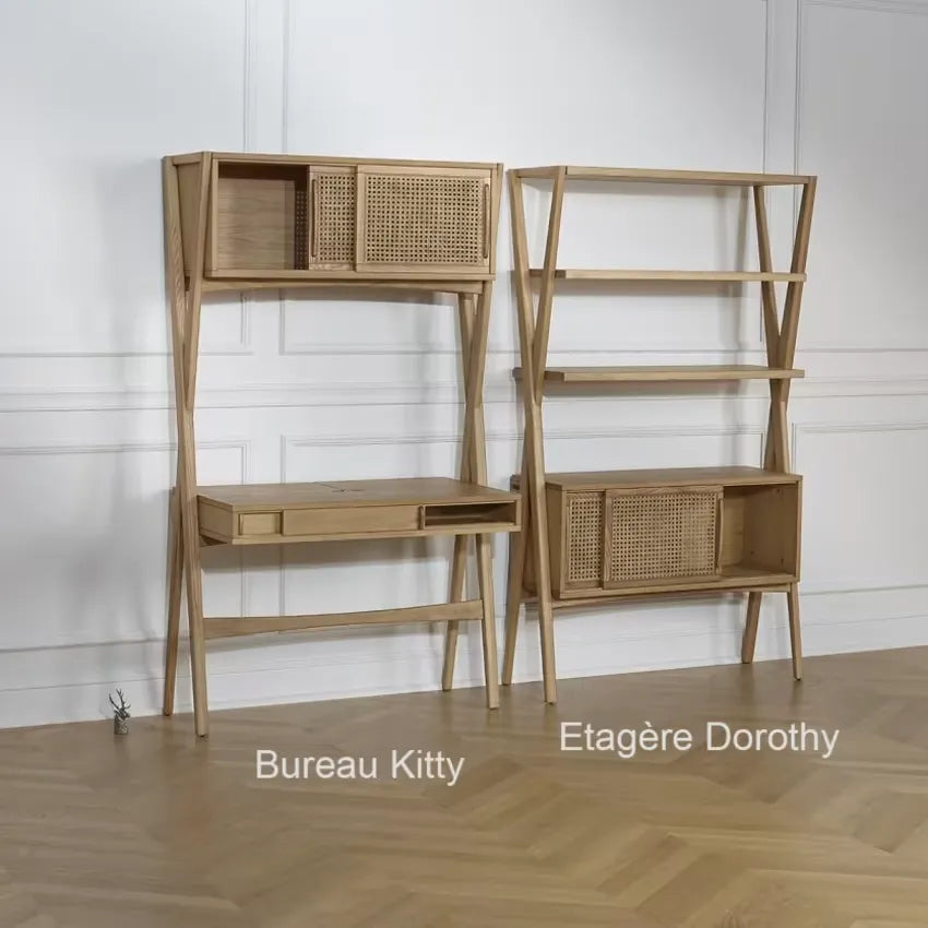 Bureau Japandi Étagère Chêne & Cannage 1 tiroir Clair – Kitty
