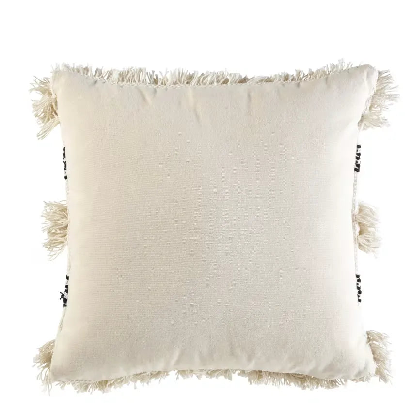 Coussin Japandi Coton Écru & Noir à Franges 45×45 – Amina