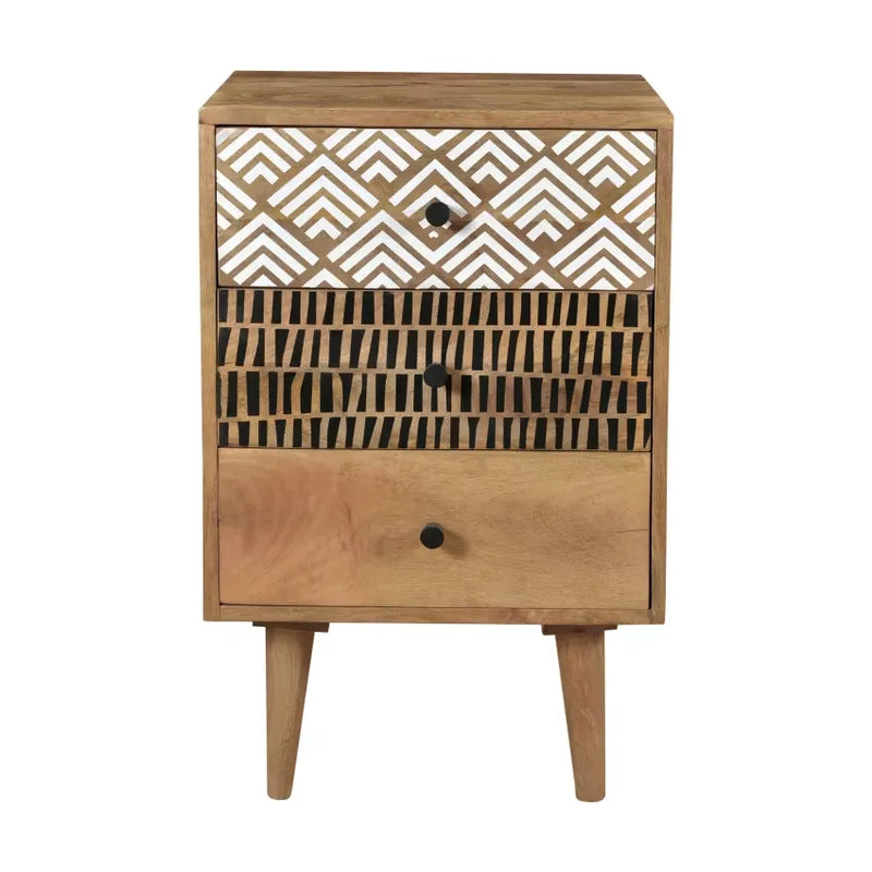 Table de chevet Japandi Bois 3 tiroirs Motif – Tali