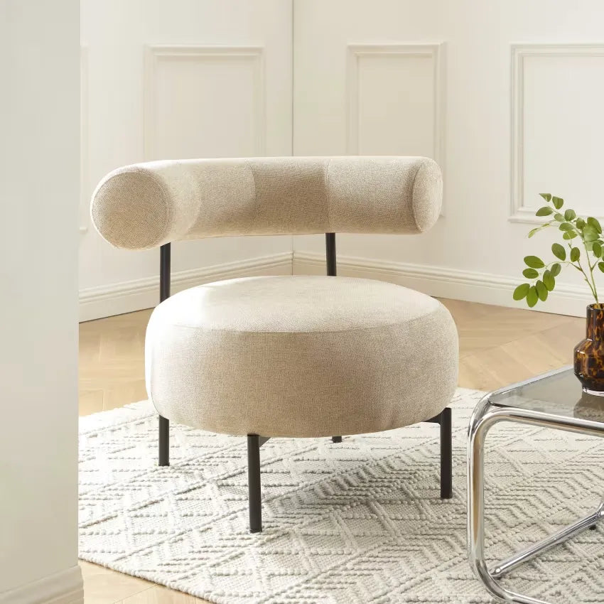 Fauteuil Japandi Tissu Chenille Beige & Métal Noir – Farel