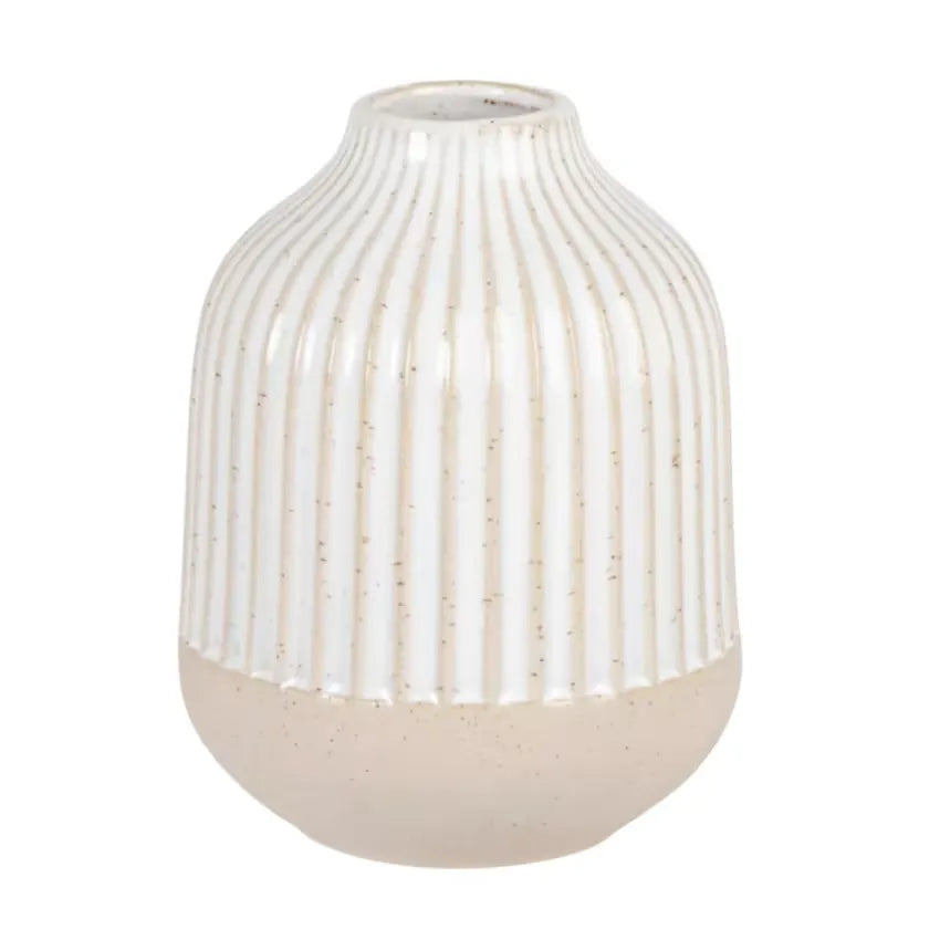 Vase Japandi Grès Blanc & Strié Beige H12 – Yvon