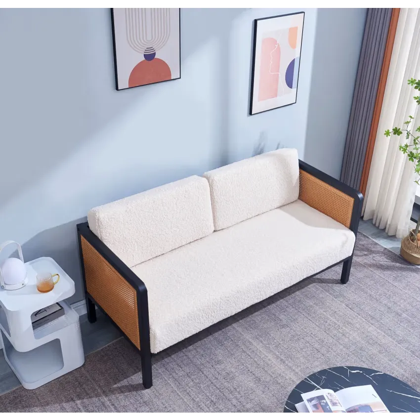 Canapé Japandi 2-3 Places Cannage & Bouclette Blanche – Naho