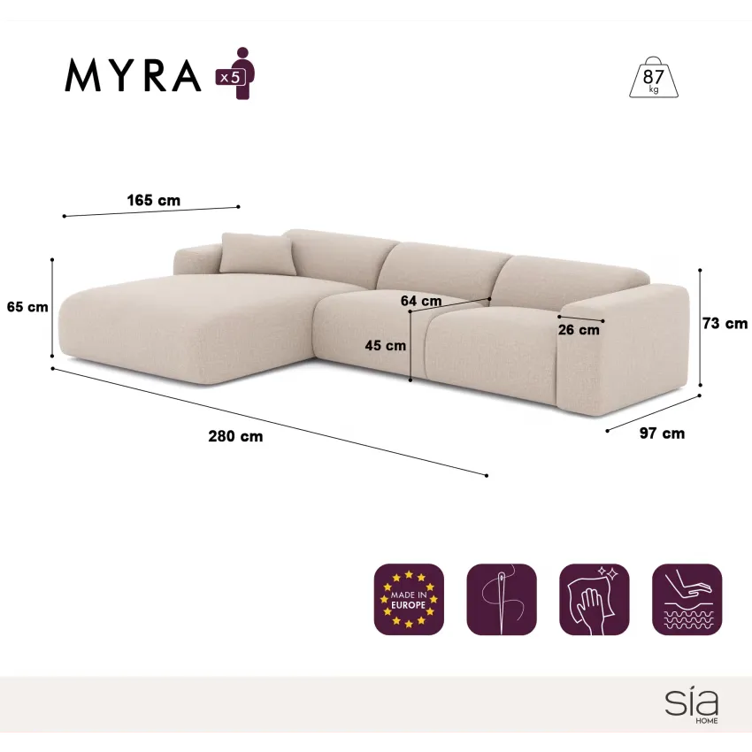 Canapé Japandi Grand Angle Gauche Velours Motifs Crème – Myra