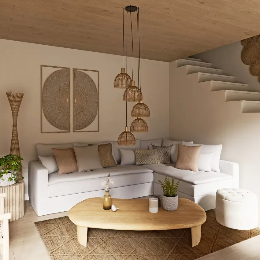 Lampadaire Japandi Bambou Tressé & Métal Beige – Kano