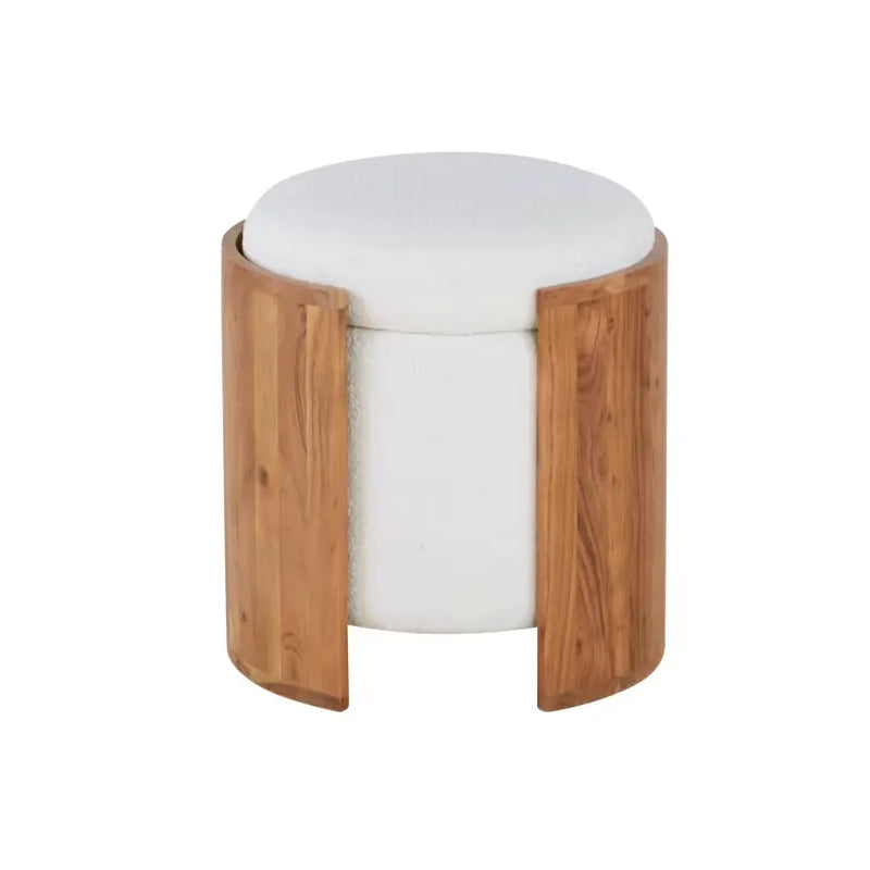 Pouf Japandi Coffre Bouclette Blanche & Acacia – Chandra