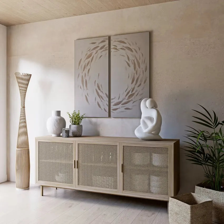 Lampadaire Japandi Bambou Tressé & Métal Beige – Kano