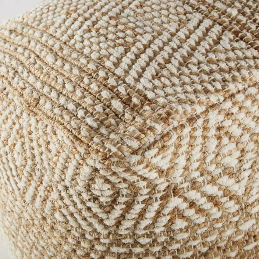 Pouf Japandi Jute & Coton Beige/Blanc à Motifs Graphiques – Olia