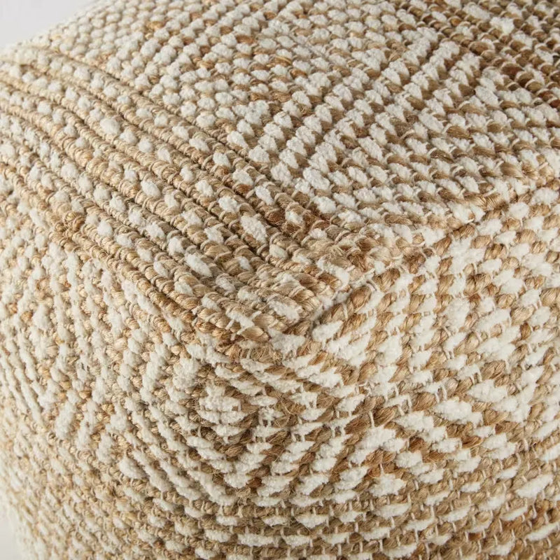 Pouf Japandi Jute & Coton Beige/Blanc à Motifs Graphiques – Olia