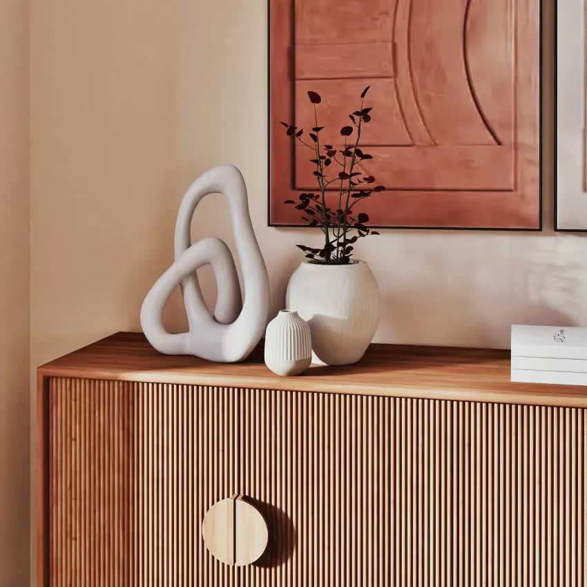 Vase Japandi Grès Blanc & Strié Beige H12 – Yvon