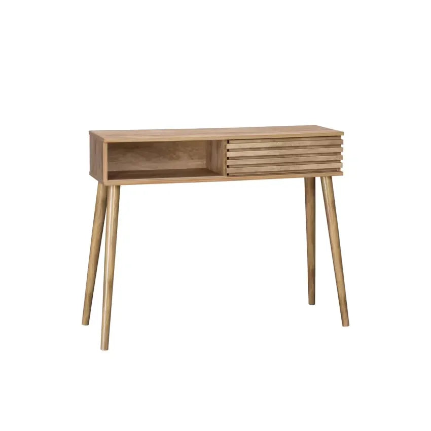 Console Japandi Effet Bois avec Porte Coulissante Rainurée – Madere