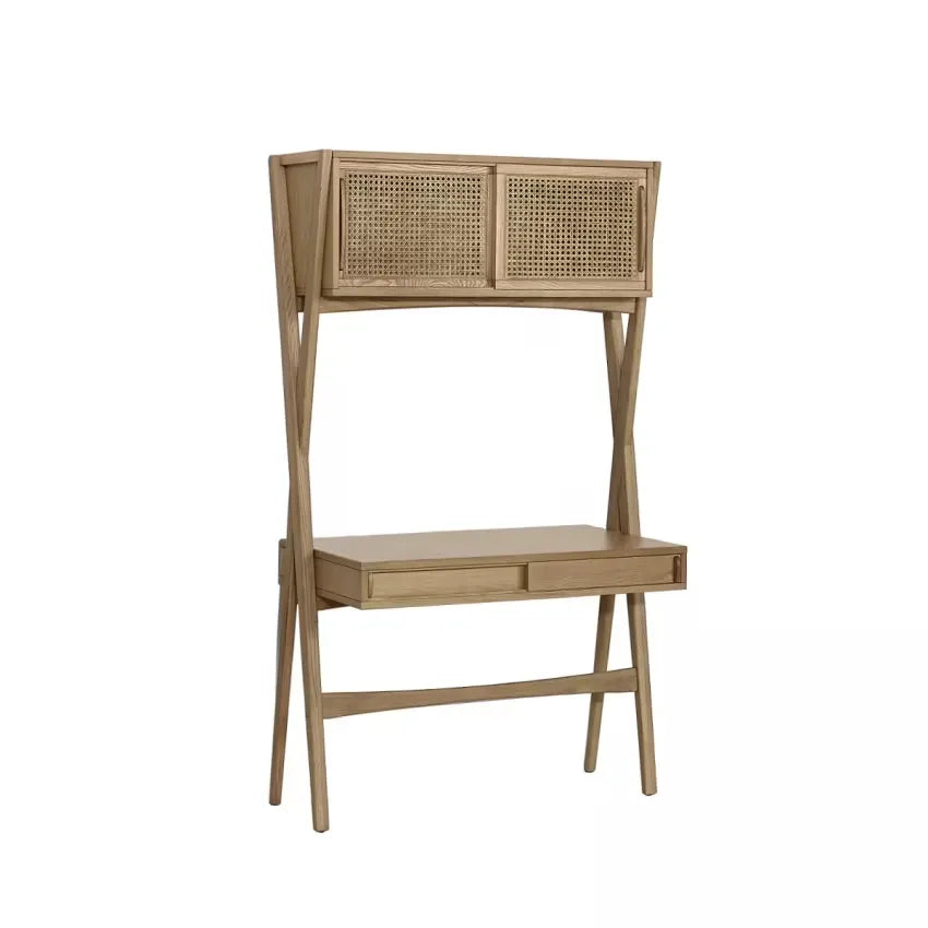 Bureau Japandi Étagère Chêne & Cannage 1 tiroir Clair – Kitty