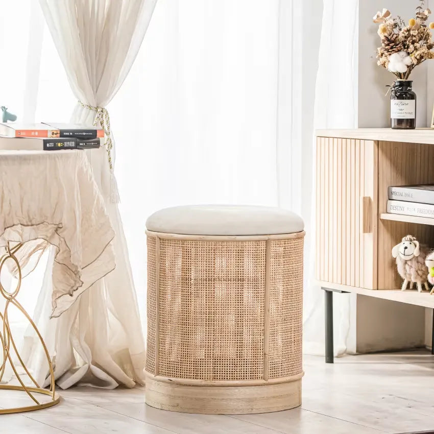 Pouf Japandi Velours Beige & Rotin – Sayo