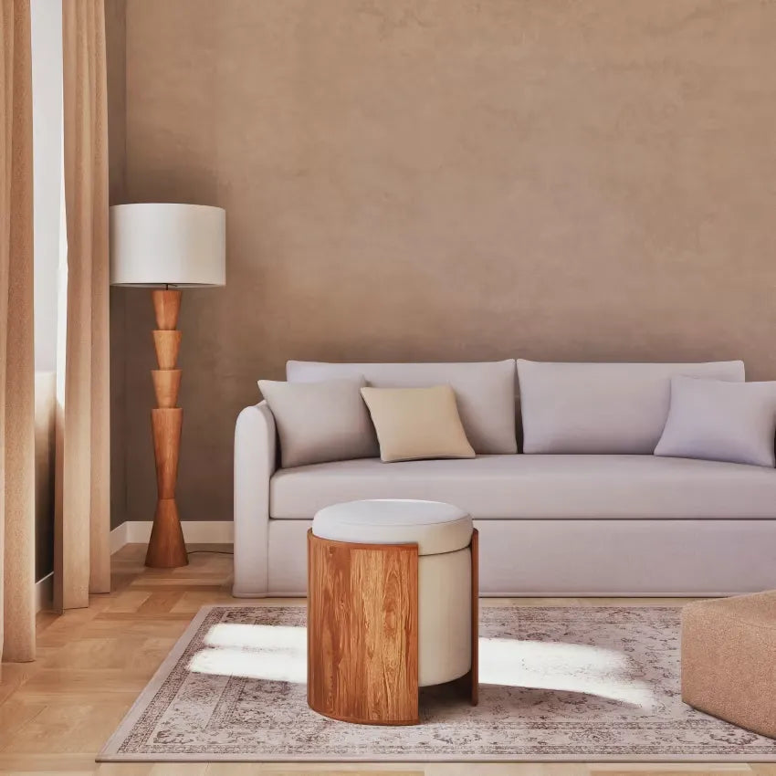 Pouf Japandi Coffre Bouclette Blanche & Acacia – Chandra
