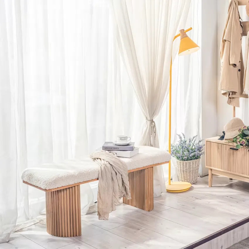 Banc Japandi Bois Massif & Bouclette Blanche – Nomi